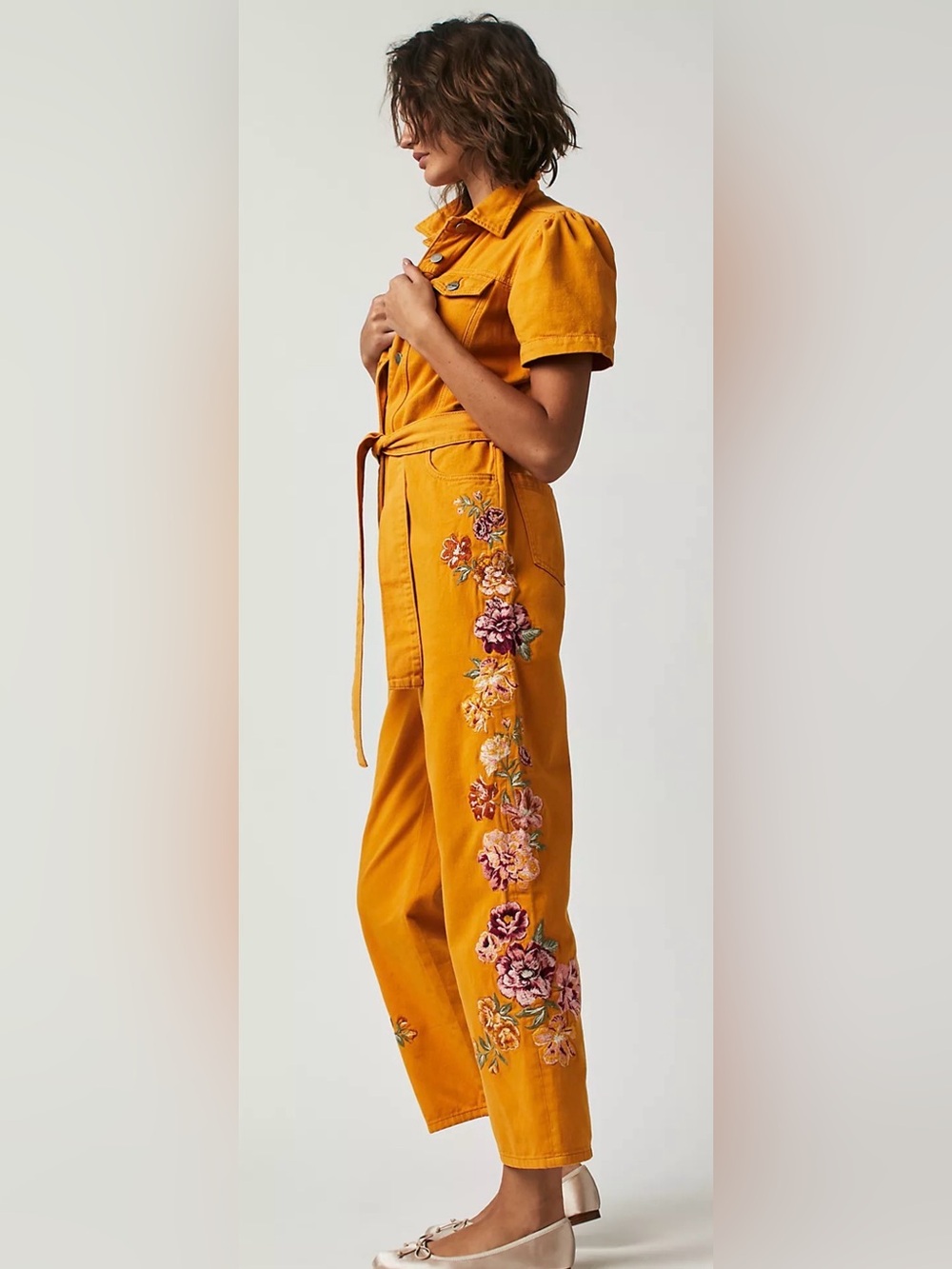 DRIFTWOOD Mustard Short-Sleeve Embroidered Utility Jumpsuit